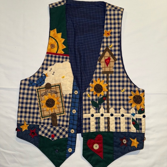 Vintage Jackets & Blazers - Vintage Colorful Patchwork Vest with Sunflower Design